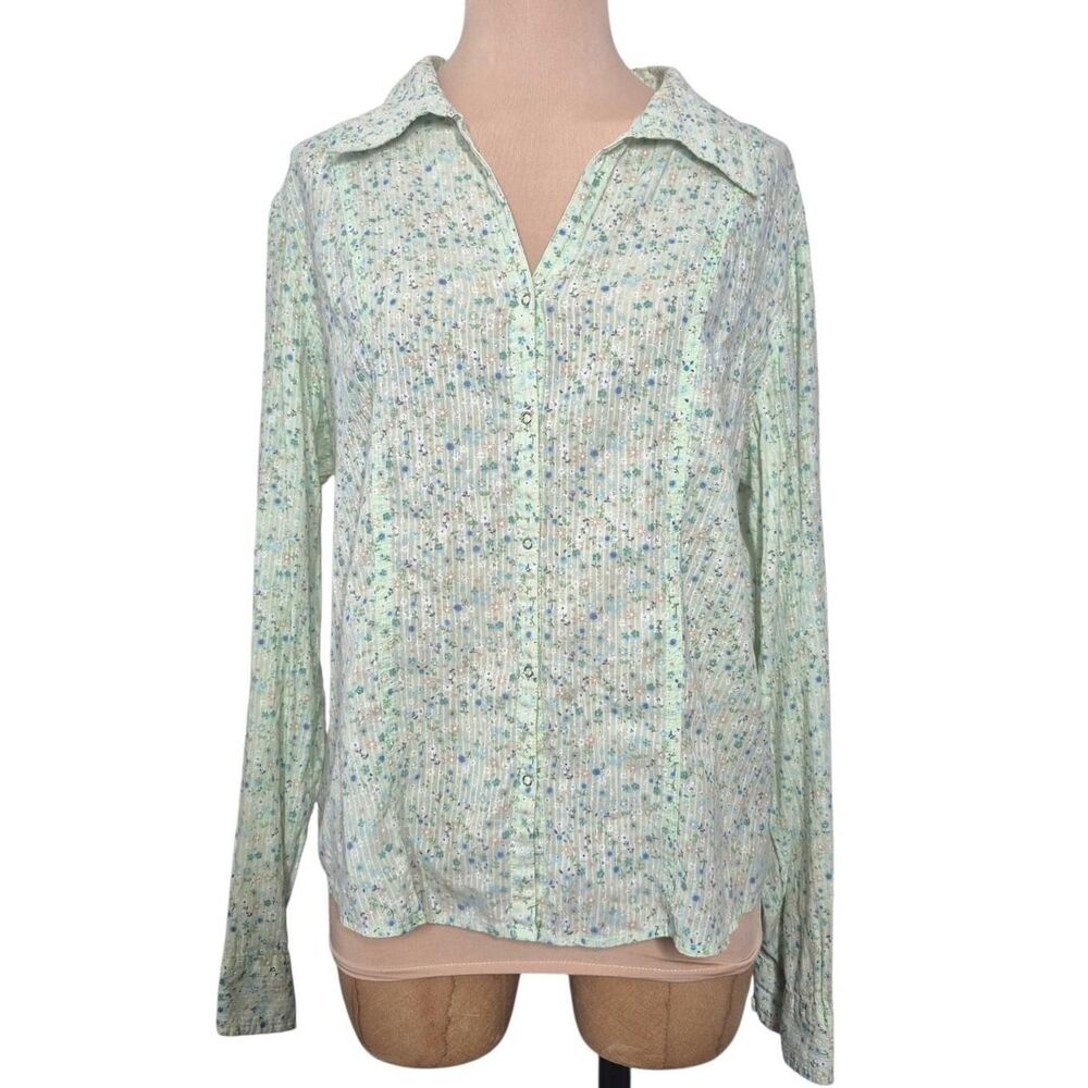No Boundaries Vintage Y2K Green Floral Button-Up Blouse Juniors Size XL